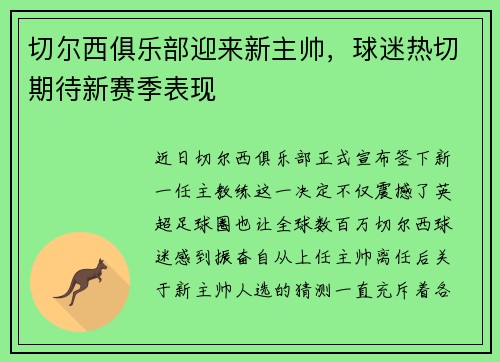 切尔西俱乐部迎来新主帅，球迷热切期待新赛季表现