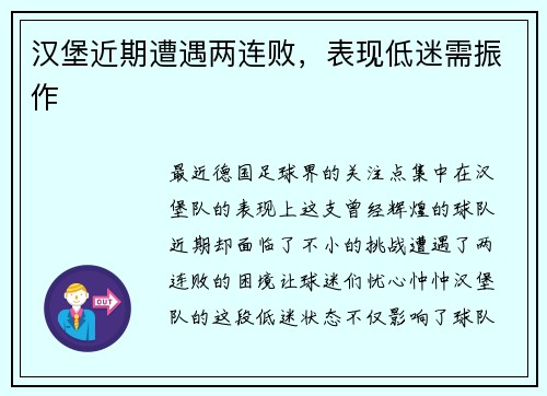 汉堡近期遭遇两连败，表现低迷需振作